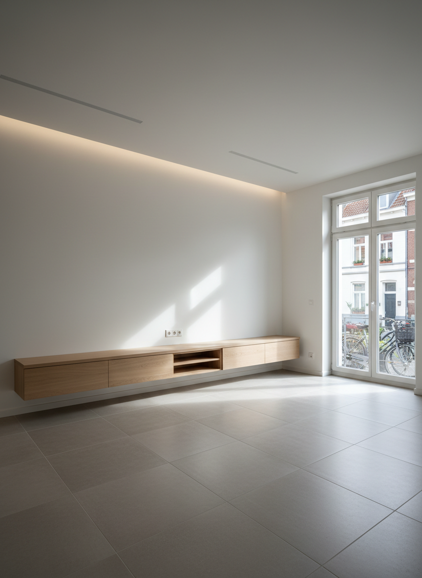 A meticulously renovated contemporary living room interior, featuring smooth white plaster walls, a perfectly aligned floating media unit in light oak, and a flawlessly installed large-format neutral porcelain tile floor. A wide double-glazed window reveals a clean urban streetscape with freshly restored façades. Soft afternoon natural light pours in, creating gentle, linear shadows that emphasize the clean edges and precise craftsmanship. The space is uncluttered, with only built-in elements and architectural details in view. Captured at eye level with a wide-angle lens, the composition uses the rule of thirds to balance wall, floor, and window, with sharp focus throughout. The mood is professional, orderly, and reassuring, embodying photographic realism and a clean, corporate aesthetic suitable for a general construction and renovation company homepage.