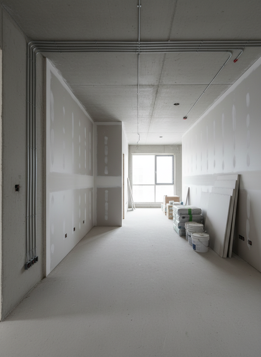 A clean, organized construction site for a complete interior renovation, viewed from a slightly elevated angle. Exposed structural walls are freshly smoothed, electrical conduits run in perfectly straight lines, and newly installed drywall joints are carefully taped and sanded. The raw concrete floor is swept and dust-free, with neatly stacked materials—plasterboard sheets, insulation panels, paint buckets—arranged along one wall. Large windows allow diffused daylight to illuminate the space, creating soft shadows that highlight the geometry of the room. The atmosphere is controlled and methodical rather than chaotic. The composition follows a structured layout, with strong leading lines guiding the eye through the future rooms. Photographic realism with a corporate, neutral-toned aesthetic conveys rigorous site management and professional project coordination.