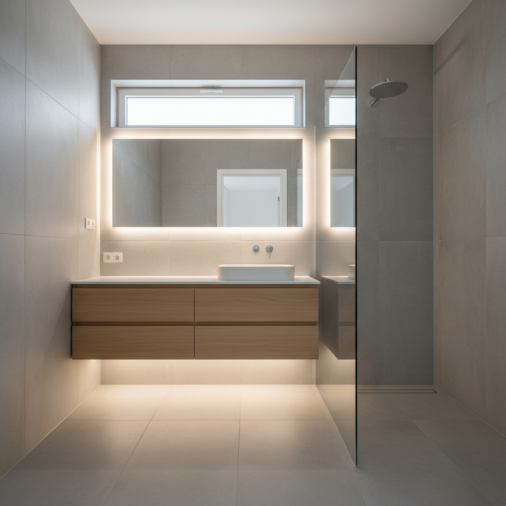 A modern, fully renovated bathroom showcasing high-end interior renovation work: large matte light-grey tiles seamlessly covering floor and walls, a perfectly leveled walk-in shower with a linear drain, and a wall-hung vanity in natural oak with a white solid-surface basin. A frameless glass shower screen is spotless, reflecting subtle highlights. Recessed LED strip lighting under the vanity and around a backlit mirror casts a soft, even glow, complemented by diffused daylight from a frosted window. The camera is positioned at eye level with a slightly wide-angle view to capture the entire layout, using symmetrical composition and sharp focus. The mood is hygienic, calm, and expertly executed, with photographic realism and a minimalist, corporate aesthetic that underlines precision in interior renovation for demanding residential and professional clients.