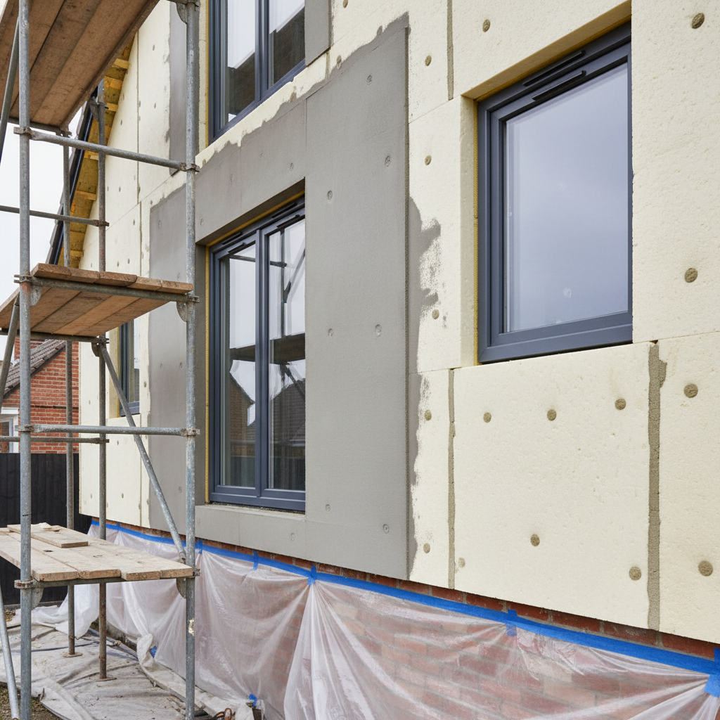 A detailed close-up of an exterior house façade mid-renovation, showcasing a perfectly aligned new insulation system, smooth grey render, and freshly installed anthracite aluminum window frames. Scaffolding with neatly arranged planks stands beside the wall, while protective plastic sheeting covers lower brickwork. Overcast daylight provides soft, diffused lighting that eliminates harsh contrasts, revealing every texture from the fine grain of the render to the matte finish of the metal frames. Shot from a slightly low angle to emphasize structure and height, with strong vertical lines and balanced composition. The mood is technical, precise, and trustworthy, with photographic realism and a neutral color palette that reflects a professional exterior renovation and façade repair service for both residential and commercial clients.