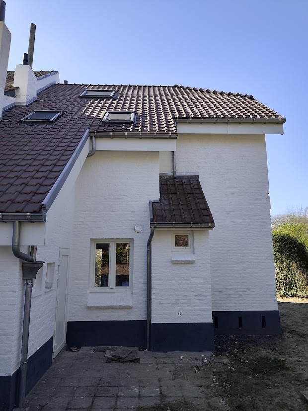 The image shows the back of a white house with a brown roof, featuring a brick pathway leading to the rear door and a clea...